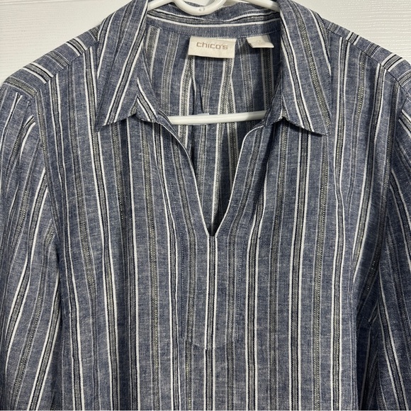 Chico's Sz. 2 (L) tunic, blue/metallic, linen blend, v-neck, flowy, lightweight - Picture 11 of 12